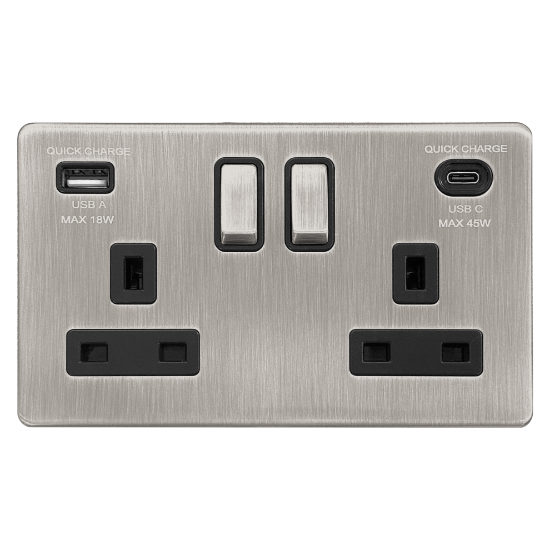 Picture of Terra 2 Gang 13A Double Pole Switched Socket with USB-A + USB-C Fast Charging  Brushed Chrome with Black Insert 