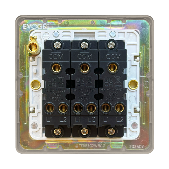 Picture of Terra 3 Gang 2 Way 10AX Single Pole Switch Brushed Chrome with Grey Insert