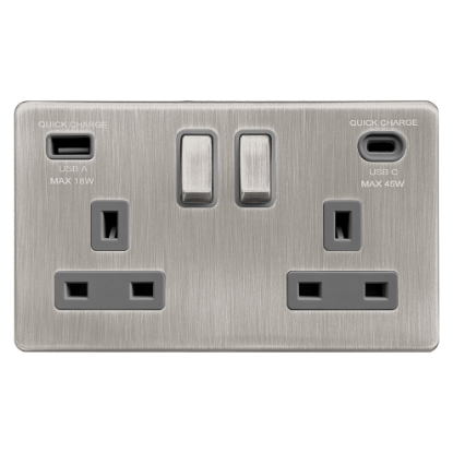 Picture of Terra 2 Gang 13A Double Pole Switched Socket with USB-A + USB-C Fast Charging  Brushed Chrome with Grey Insert