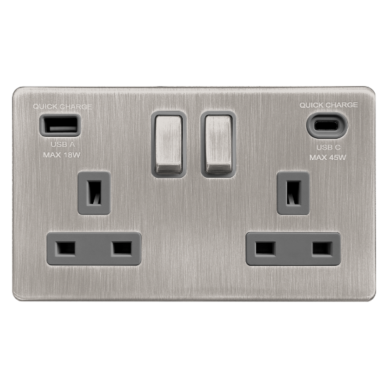 Picture of Terra 2 Gang 13A Double Pole Switched Socket with USB-A + USB-C Fast Charging  Brushed Chrome with Grey Insert
