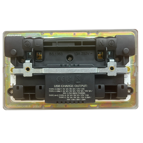 Picture of Terra 2 Gang 13A Double Pole Switched Socket with USB-A + USB-C Fast Charging  Brushed Chrome with Grey Insert