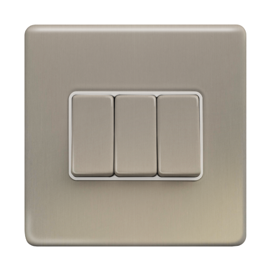 Picture of Terra 3 Gang 2 Way 10AX Single Pole Switch Brushed Chrome with White Insert 