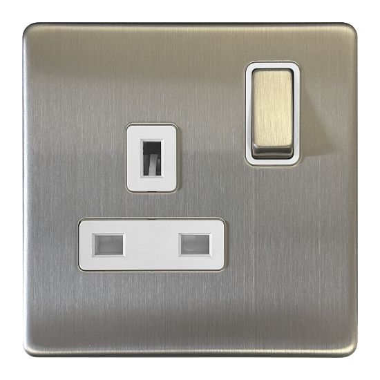 Picture of Terra 13A 1 Gang Double Pole Switched Socket Brushed Chrome with White Insert  