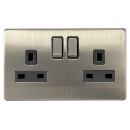 Picture of Terra 13A 2 Gang Double Pole Switched Socket Brushed Chrome with Grey Insert  