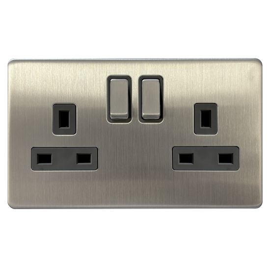 Picture of Terra 13A 2 Gang Double Pole Switched Socket Brushed Chrome with Grey Insert  