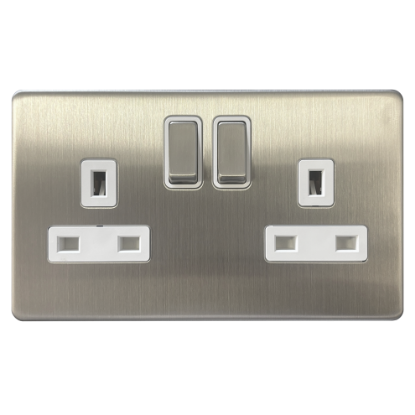 Picture of Terra 13A 2 Gang Double Pole Switched Socket Brushed Chrome with White Insert   
