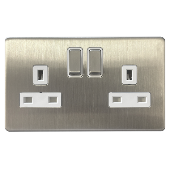 Picture of Terra 13A 2 Gang Double Pole Switched Socket Brushed Chrome with White Insert   