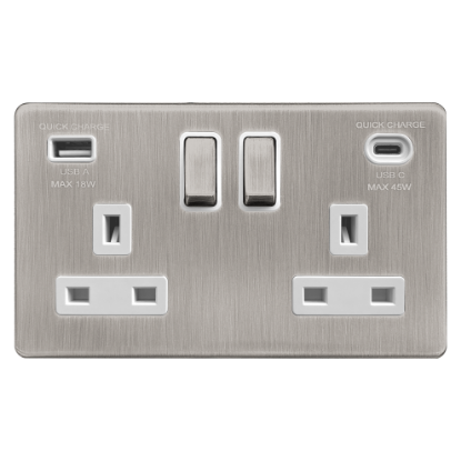 Picture of Terra 2 Gang 13A Double Pole Switched Socket with USB-A + USB-C Fast Charging  Brushed Chrome with White Insert 