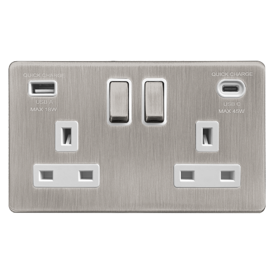 Picture of Terra 2 Gang 13A Double Pole Switched Socket with USB-A + USB-C Fast Charging  Brushed Chrome with White Insert 