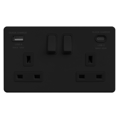Picture of Terra 2 Gang 13A Double Pole Switched Socket with USB-A + USB-C Fast Charging  Matt Black