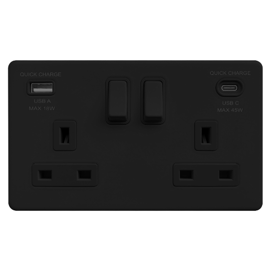 Picture of Terra 2 Gang 13A Double Pole Switched Socket with USB-A + USB-C Fast Charging  Matt Black
