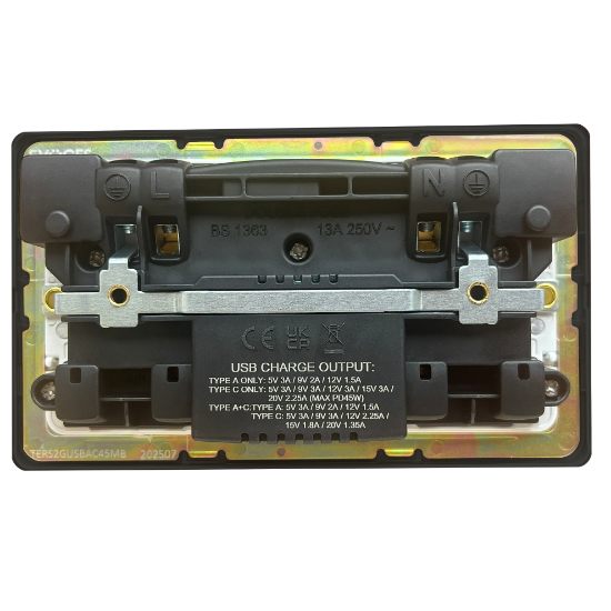 Picture of Terra 2 Gang 13A Double Pole Switched Socket with USB-A + USB-C Fast Charging  Matt Black