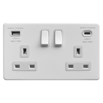 Picture of Terra 2 Gang 13A Double Pole Switched Socket with USB-A + USB-C Fast Charging Matt White