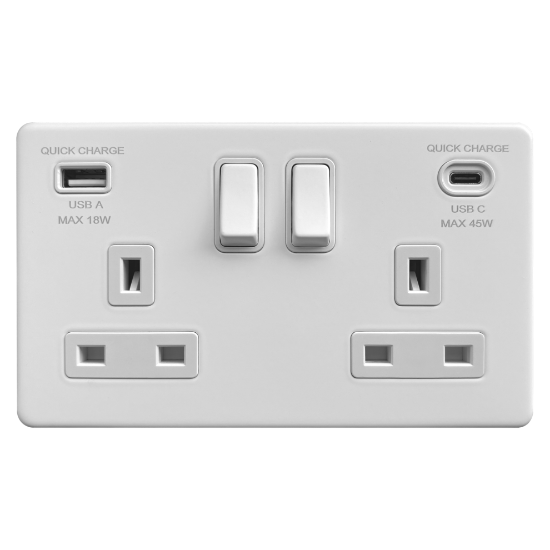 Picture of Terra 2 Gang 13A Double Pole Switched Socket with USB-A + USB-C Fast Charging Matt White