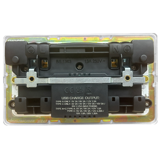 Picture of Terra 2 Gang 13A Double Pole Switched Socket with USB-A + USB-C Fast Charging Matt White