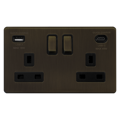 Picture of Terra 2 Gang 13A Double Pole Switched Socket with USB-A + USB-C Fast Charging Slate Bronze