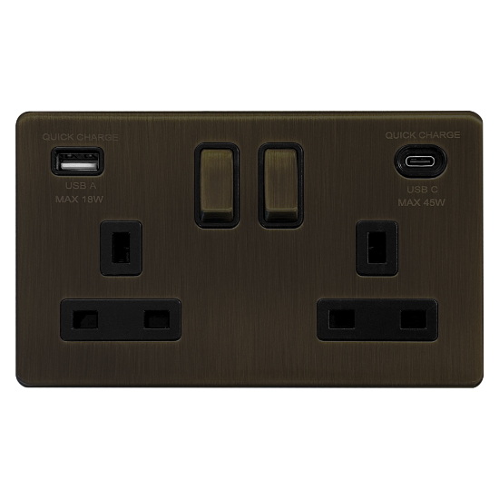 Picture of Terra 2 Gang 13A Double Pole Switched Socket with USB-A + USB-C Fast Charging Slate Bronze