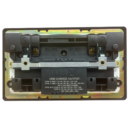 Picture of Terra 2 Gang 13A Double Pole Switched Socket with USB-A + USB-C Fast Charging Slate Bronze