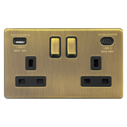 Picture of Terra 2 Gang 13A Double Pole Switched Socket with USB-A + USB-C Fast Charging Antique Brushed Brass