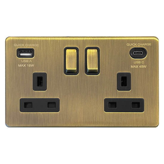 Picture of Terra 2 Gang 13A Double Pole Switched Socket with USB-A + USB-C Fast Charging Antique Brushed Brass