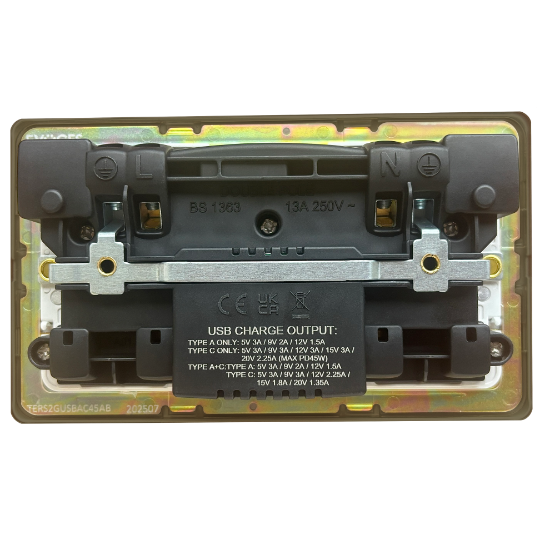 Picture of Terra 2 Gang 13A Double Pole Switched Socket with USB-A + USB-C Fast Charging Antique Brushed Brass